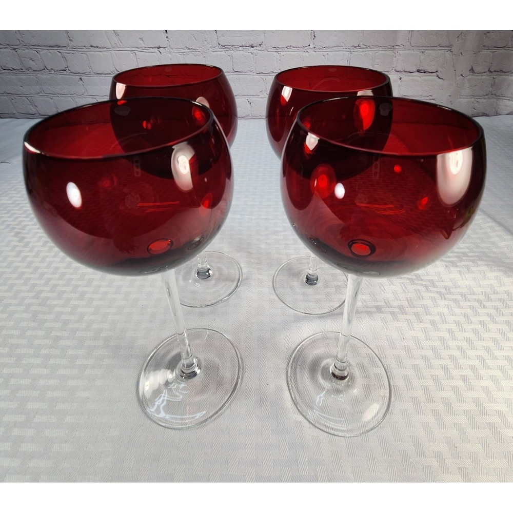 Lenox Set Of 4 Ruby Red Balloon Wine Glasses Clear Stem Holiday Gems Hand Blown